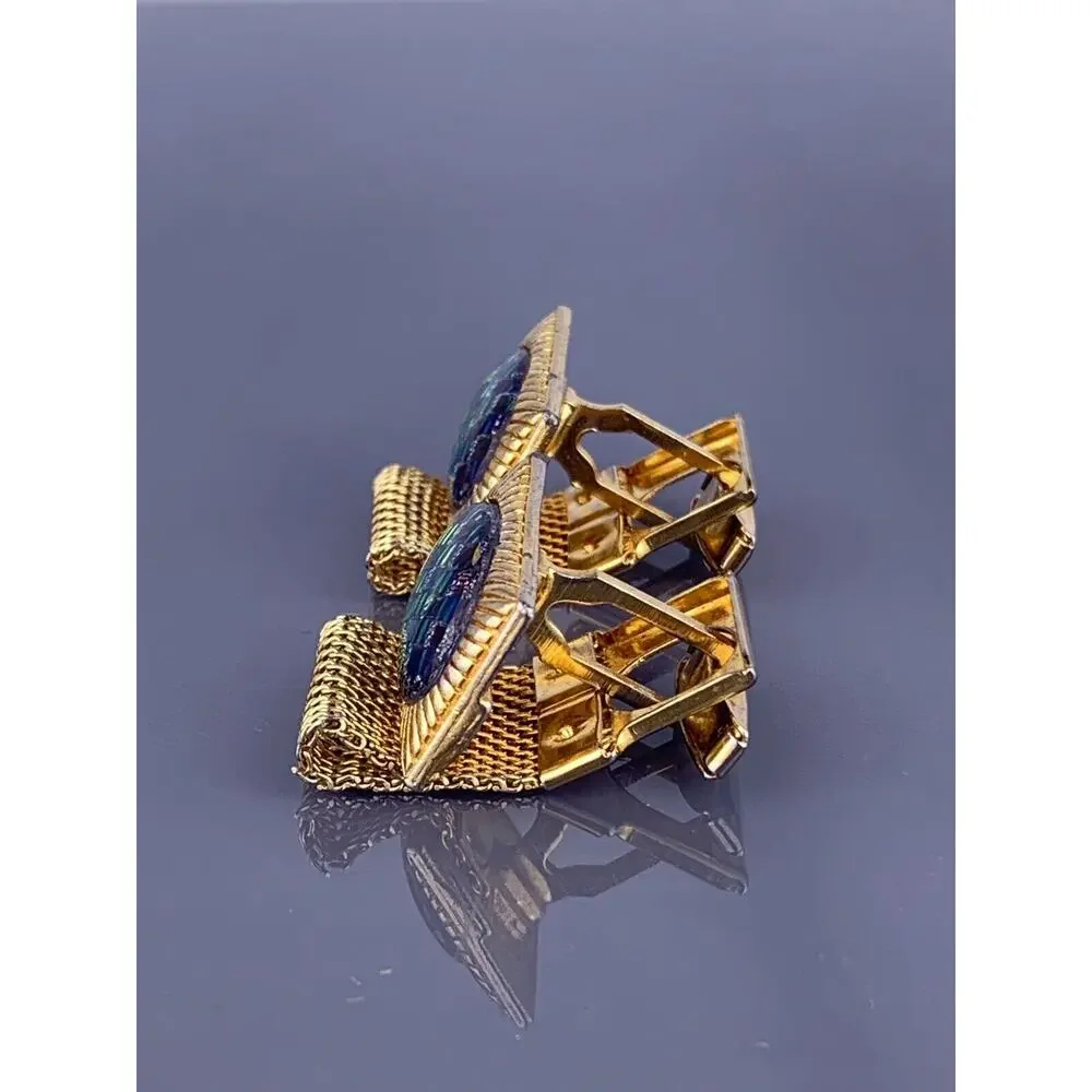 Dichroic Glass Cufflinks Wrap Around Gold Tone Green to Pink Lines Rays Vintage